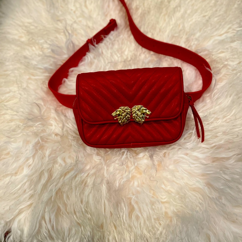 Zara Butter leather Red Crossbody belt bag  with Gold Lion heads.